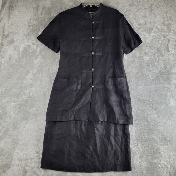 Vintage NY Sake Midi Dress Womens 8 Black Linen Blend Button Front Short Sleeve - Picture 2 of 11